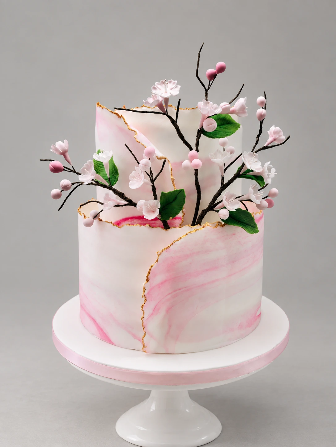 Two-tier pink and white marble cake with torn gold-edged panels and pink sugar blossom branches