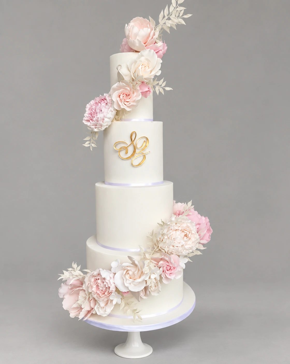 Pink Peonies & Gold Initials Wedding Cake — 4 cake tiers