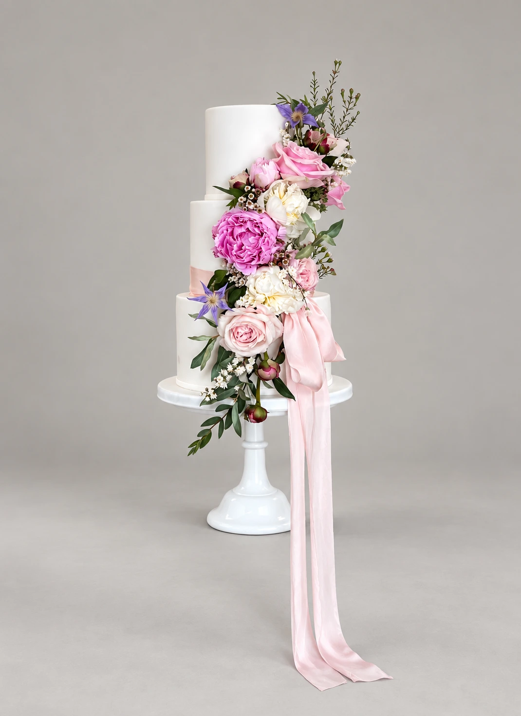 Three-tier white cake with a pink rose and peony cascade and long pink ribbon