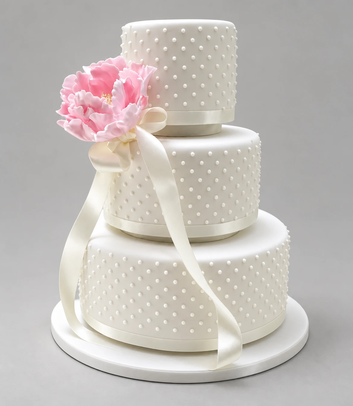 Three-tier ivory cake with rounded edges, piped polka dots, a pink sugar peony and satin bow