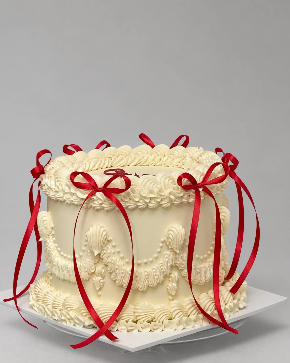 Round ivory cake with red ribbon bows, piped floral details and shell borders