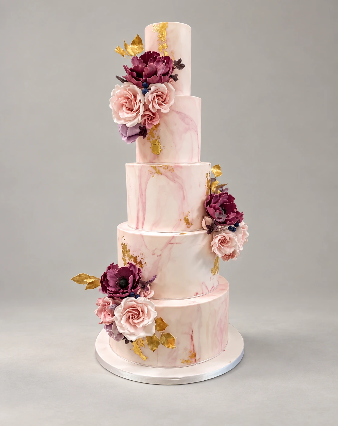 Rose Marble & Burgundy Blooms Wedding Cake — 4 cake tiers