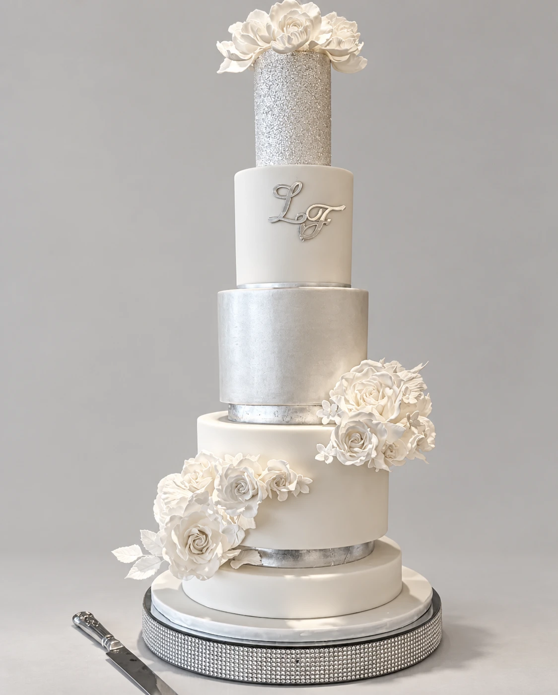 Silver Shimmer & White Roses Wedding Cake — 5 cake tiers