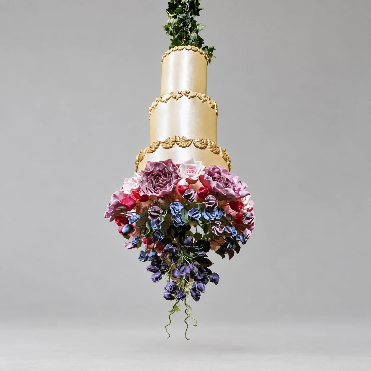 Suspended Gold & Floral Chandelier Wedding Cake — 3 cake tiers