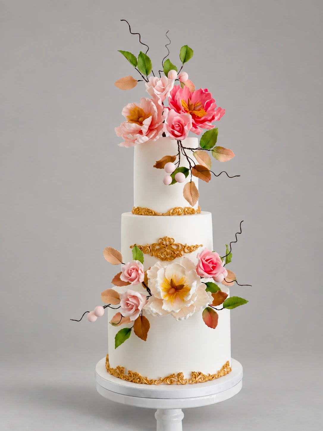 Three-tier ivory wedding cake with pink roses, open peonies, trailing leaves and gold scrollwork