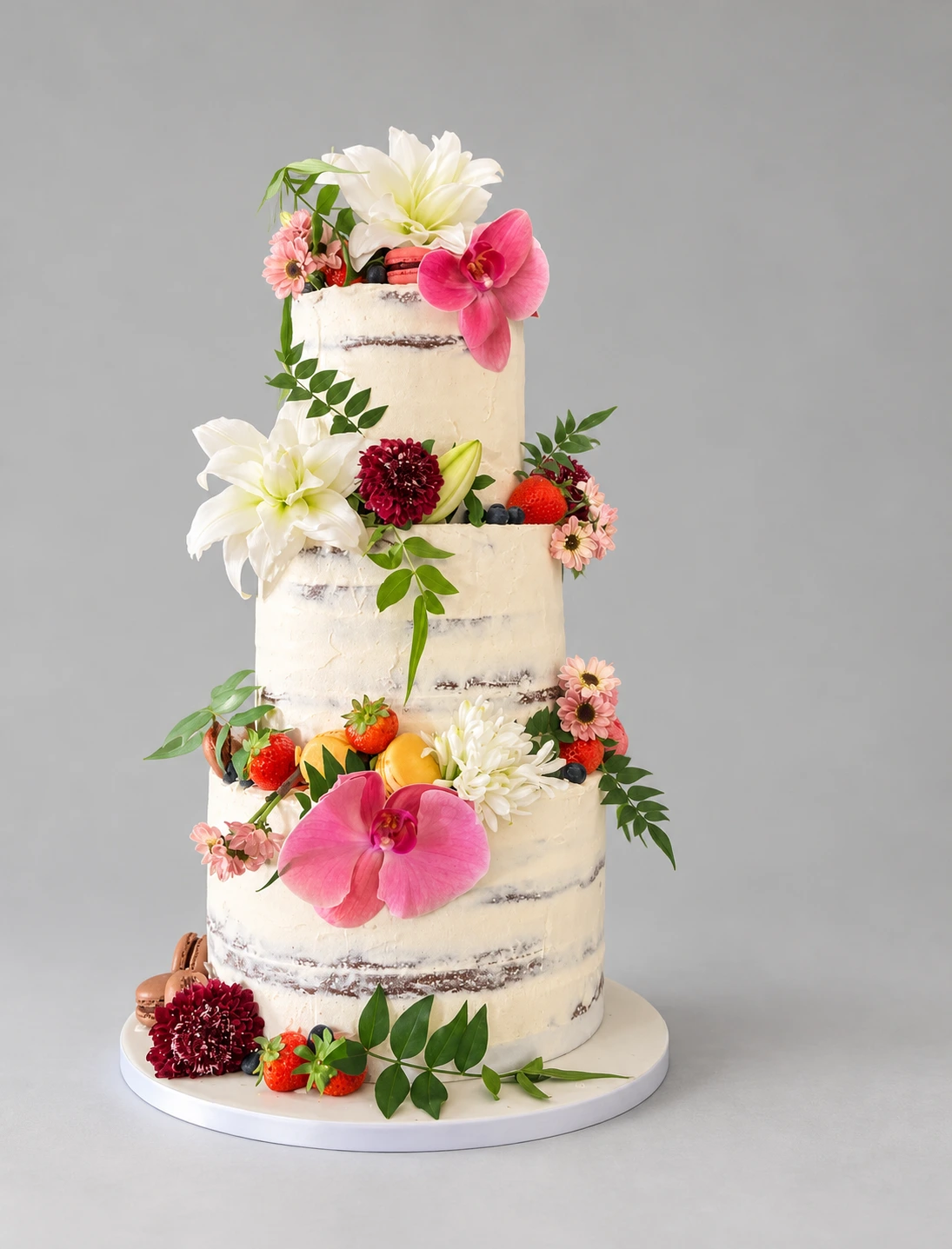 Four-tier semi-naked cake with pink orchids, white lilies, colourful flowers and fruit