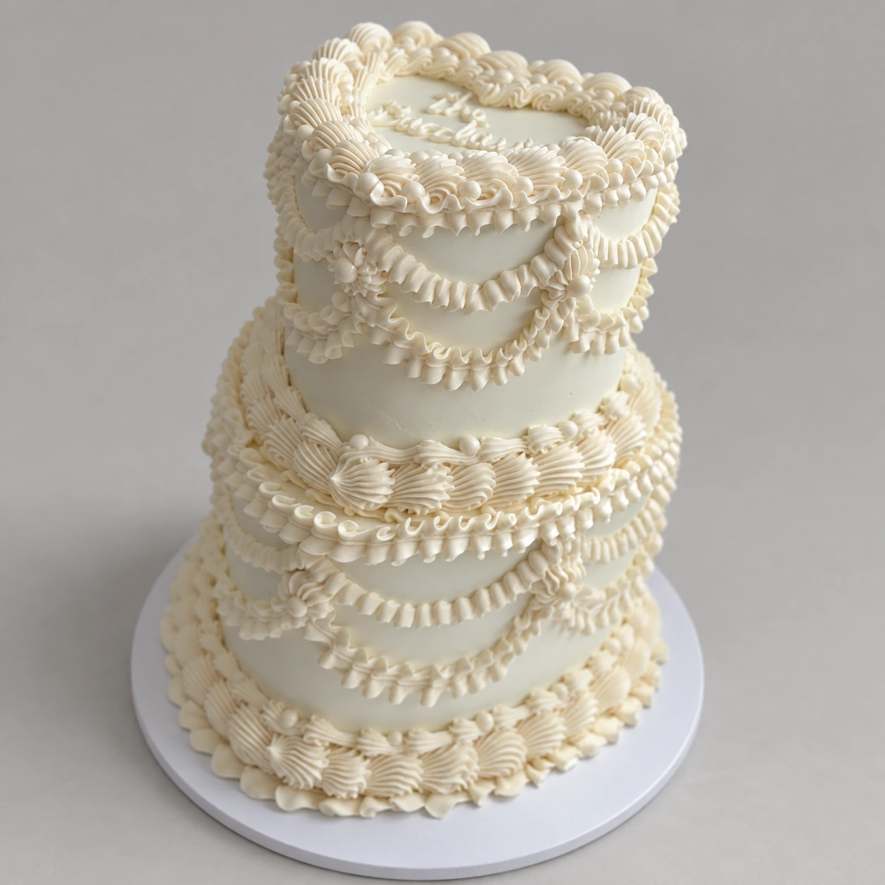 Two-tier ivory cake with a heart-shaped top, piped swags, shell borders and pearl-like decorations
