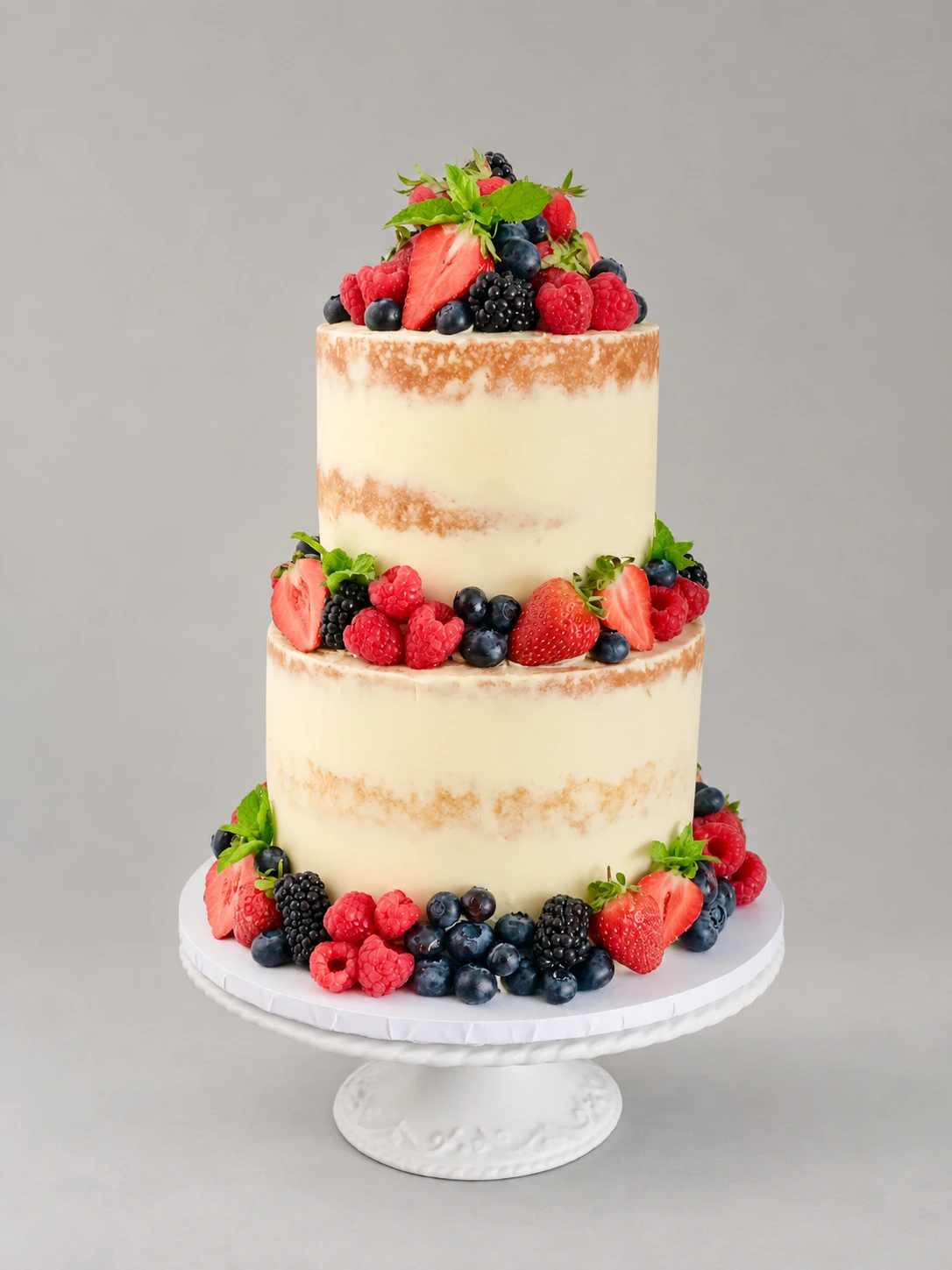 Two-tier semi-naked cake with strawberries, raspberries, blueberries and blackberries