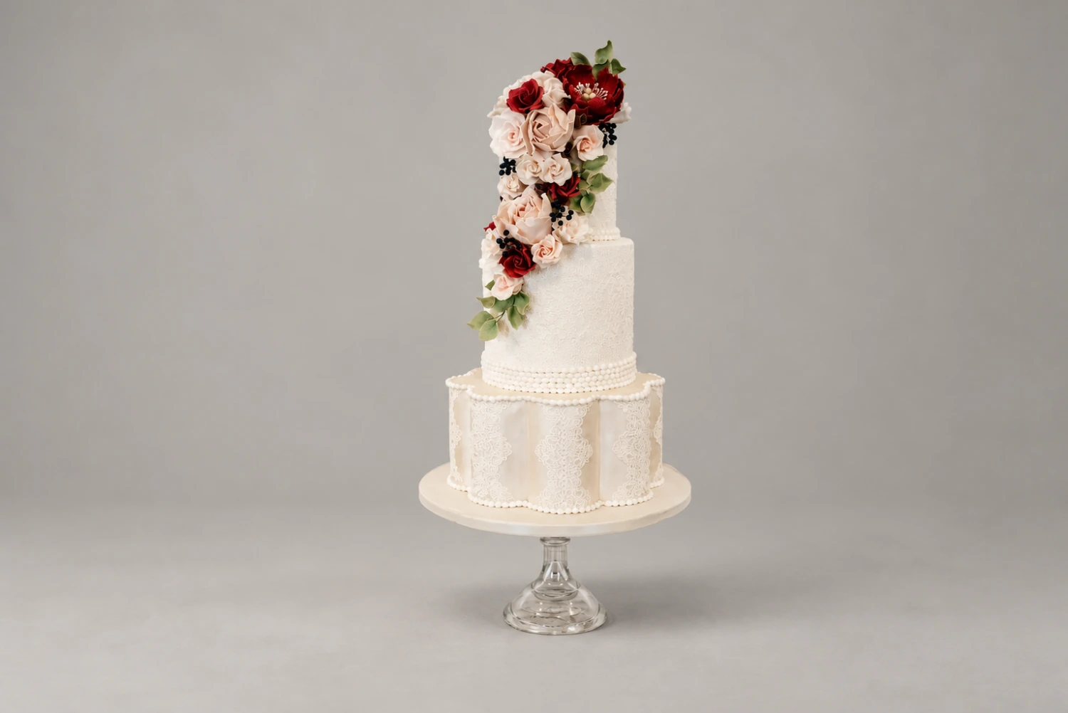Vintage Roses & Textured Ivory Wedding Cake — 3 cake tiers