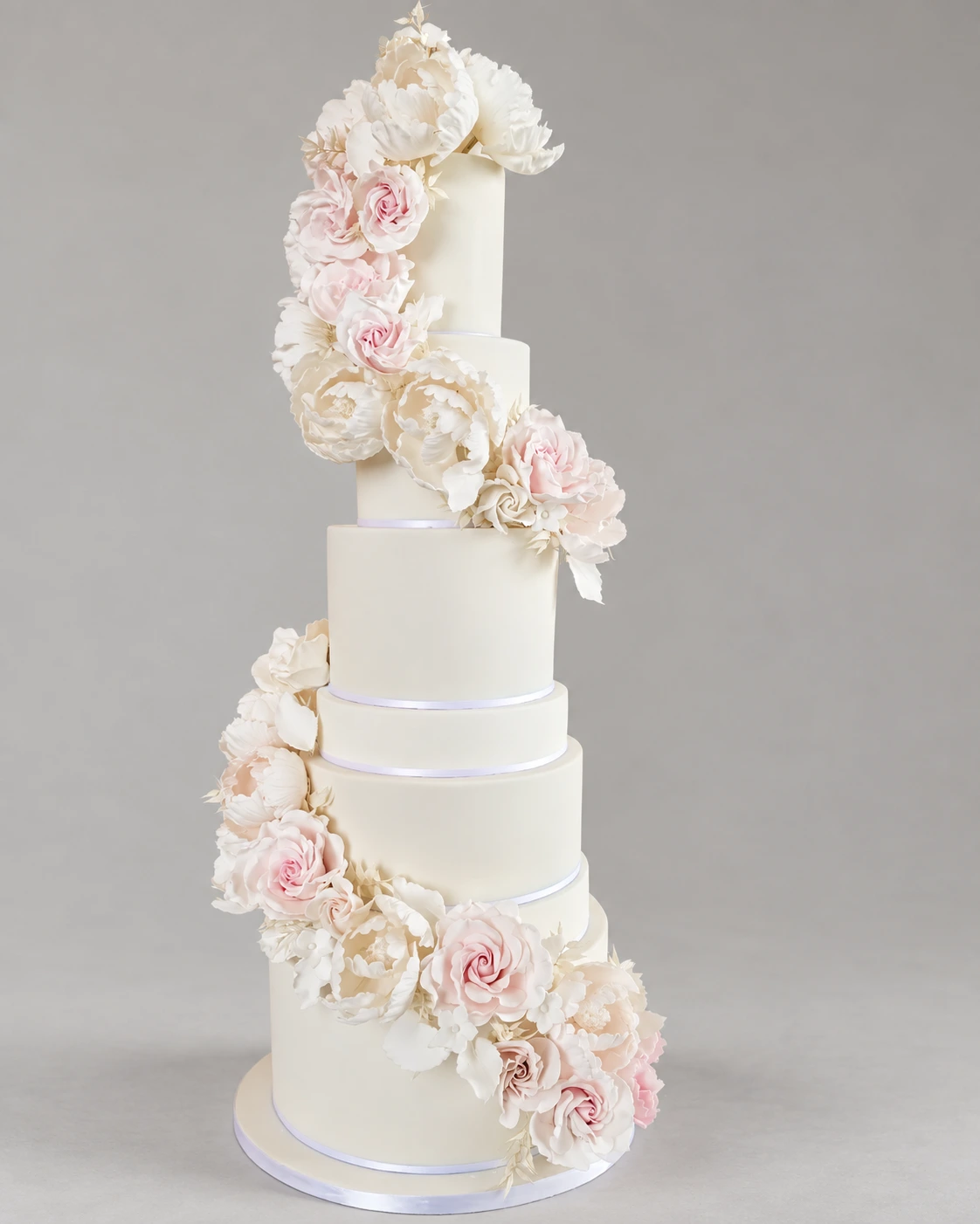 White & Blush Grand Cascade Wedding Cake — 7 cake tiers