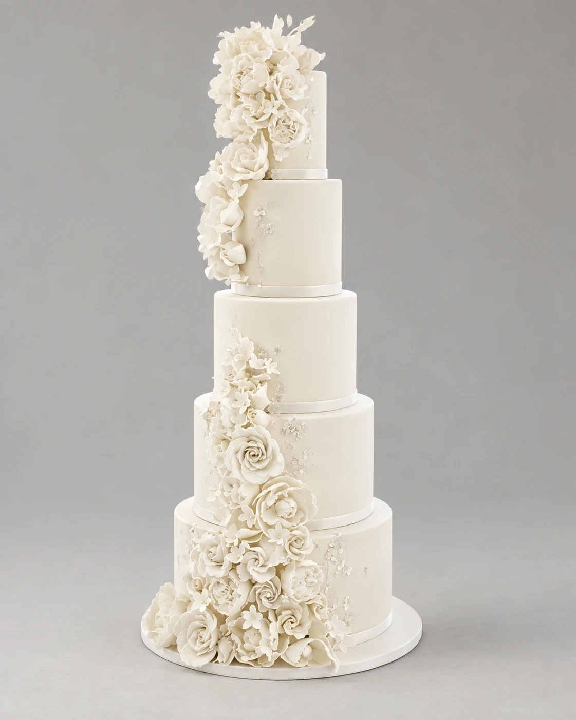 White Floral Appliqué Wedding Cake — 5 cake tiers