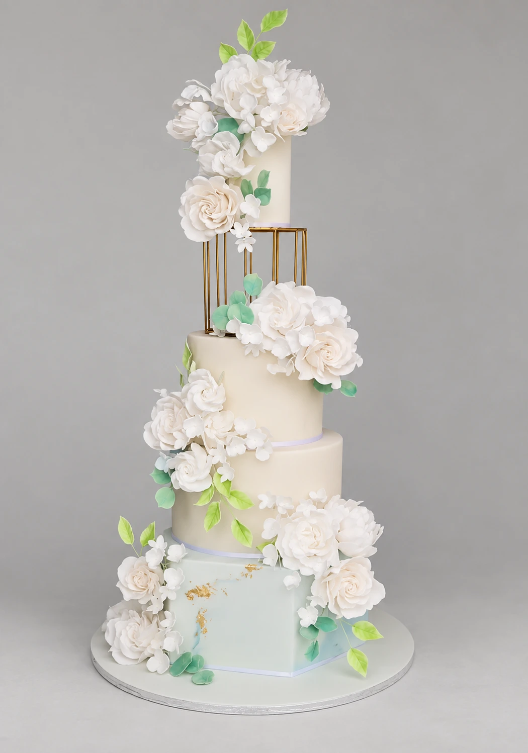 White Florals & Gold Frame Wedding Cake — 4 cake tiers