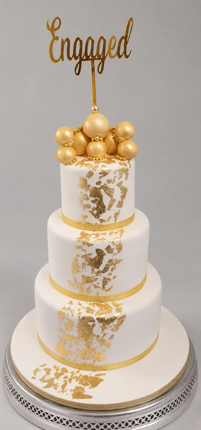 Three-tier white cake with gold leaf, gold spheres and an Engaged topper