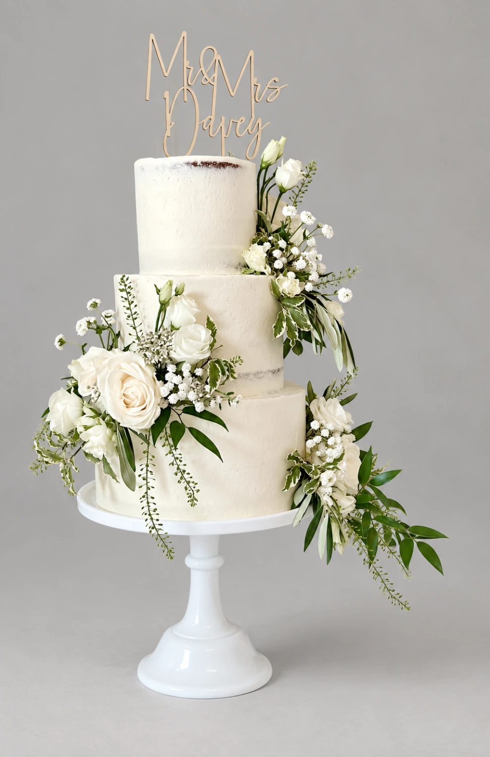 Three-tier white cake with ivory roses, gypsophila, trailing foliage and a wedding topper