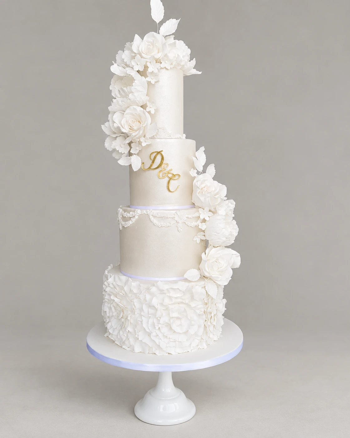 White Ruffle & Gold Initials Wedding Cake — 4 cake tiers