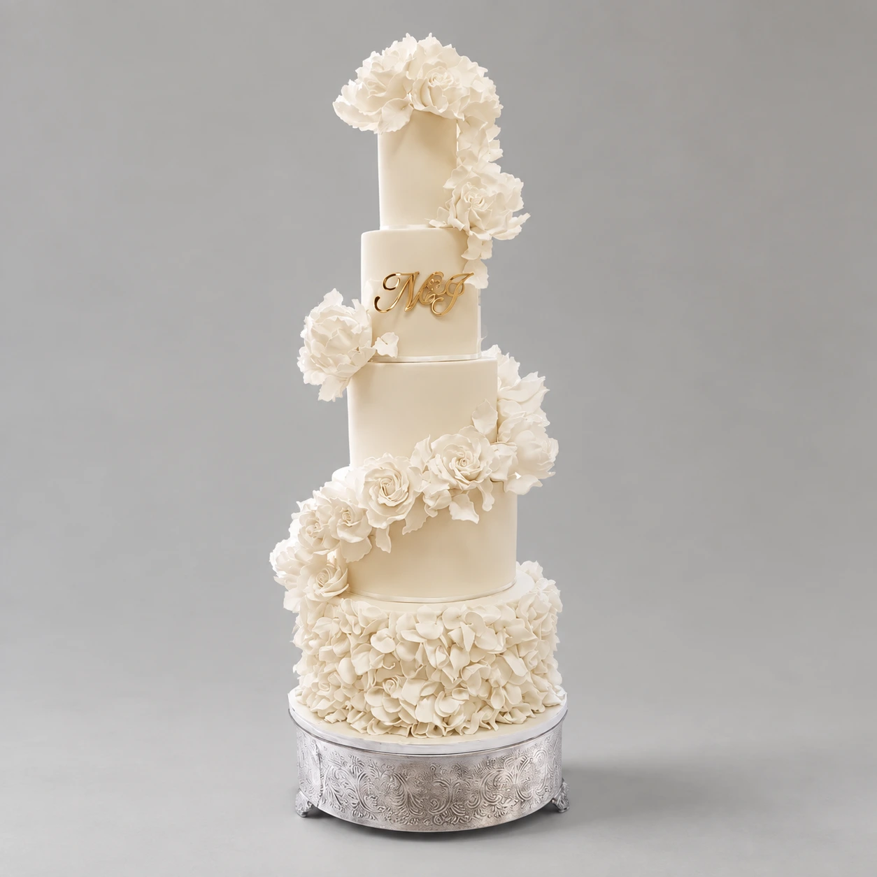 White Ruffles & Floral Spiral Wedding Cake — 5 cake tiers