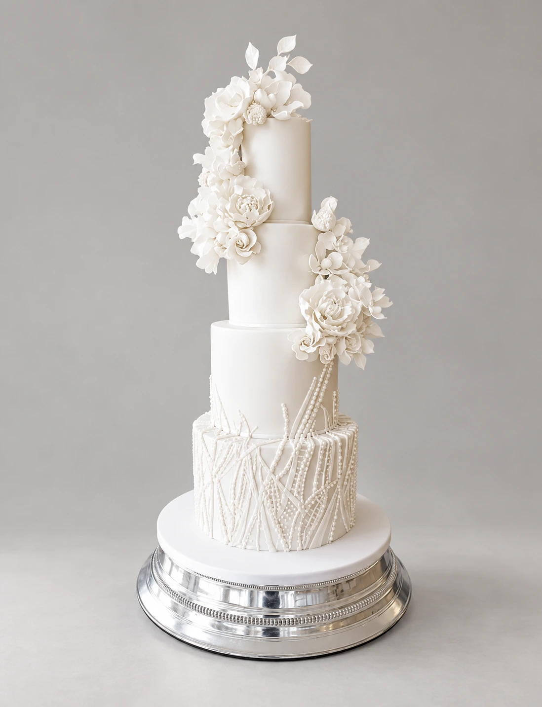 White Texture & Petals Wedding Cake — 4 cake tiers