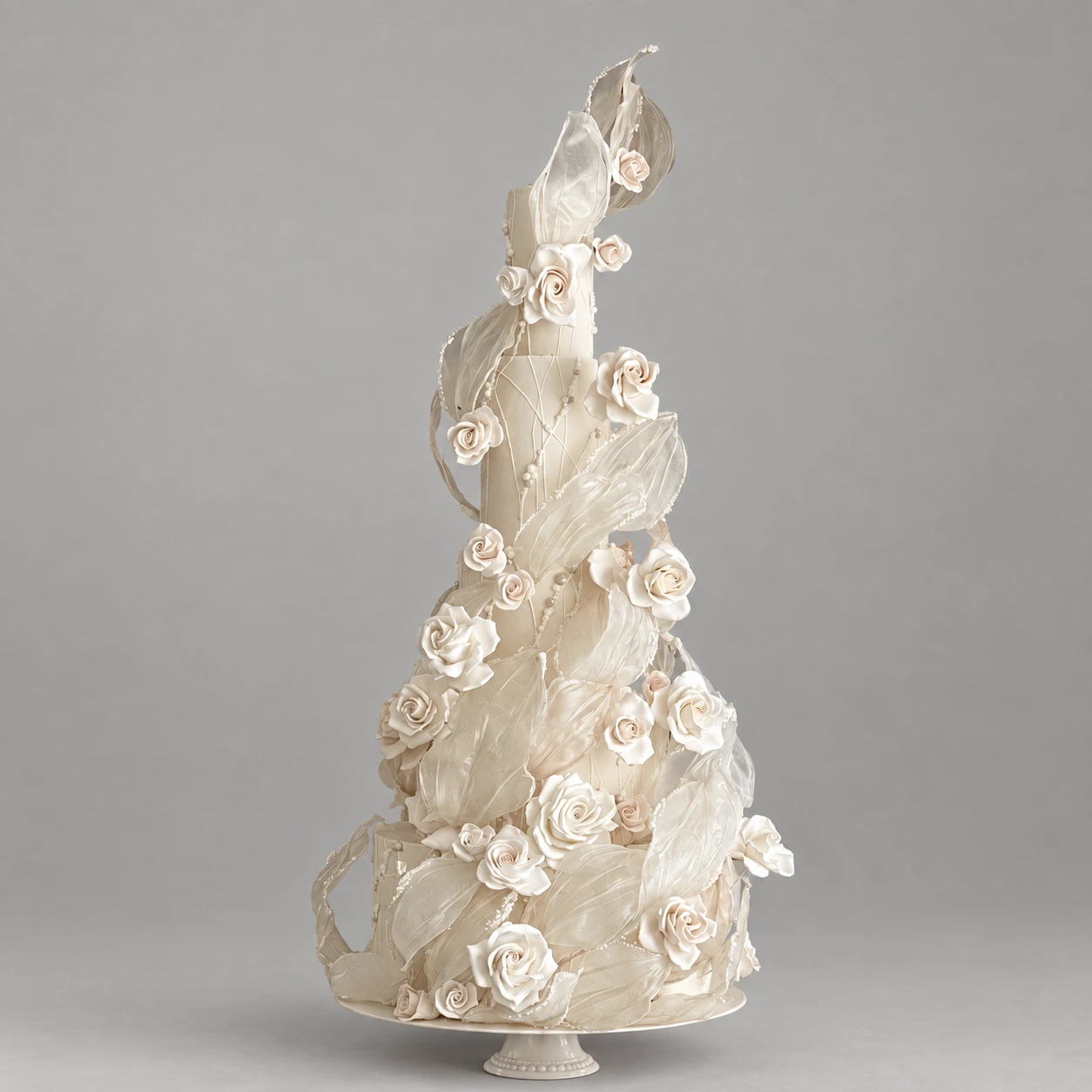 Five-tier ivory cake with white roses, pearls and sweeping translucent sails