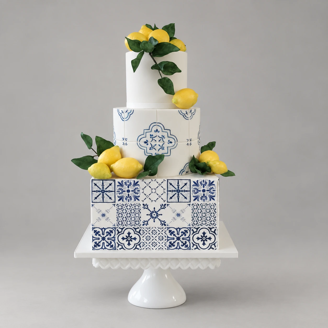 Three-tier blue and white tile-patterned cake with an ivory top tier, yellow lemons and green leaves