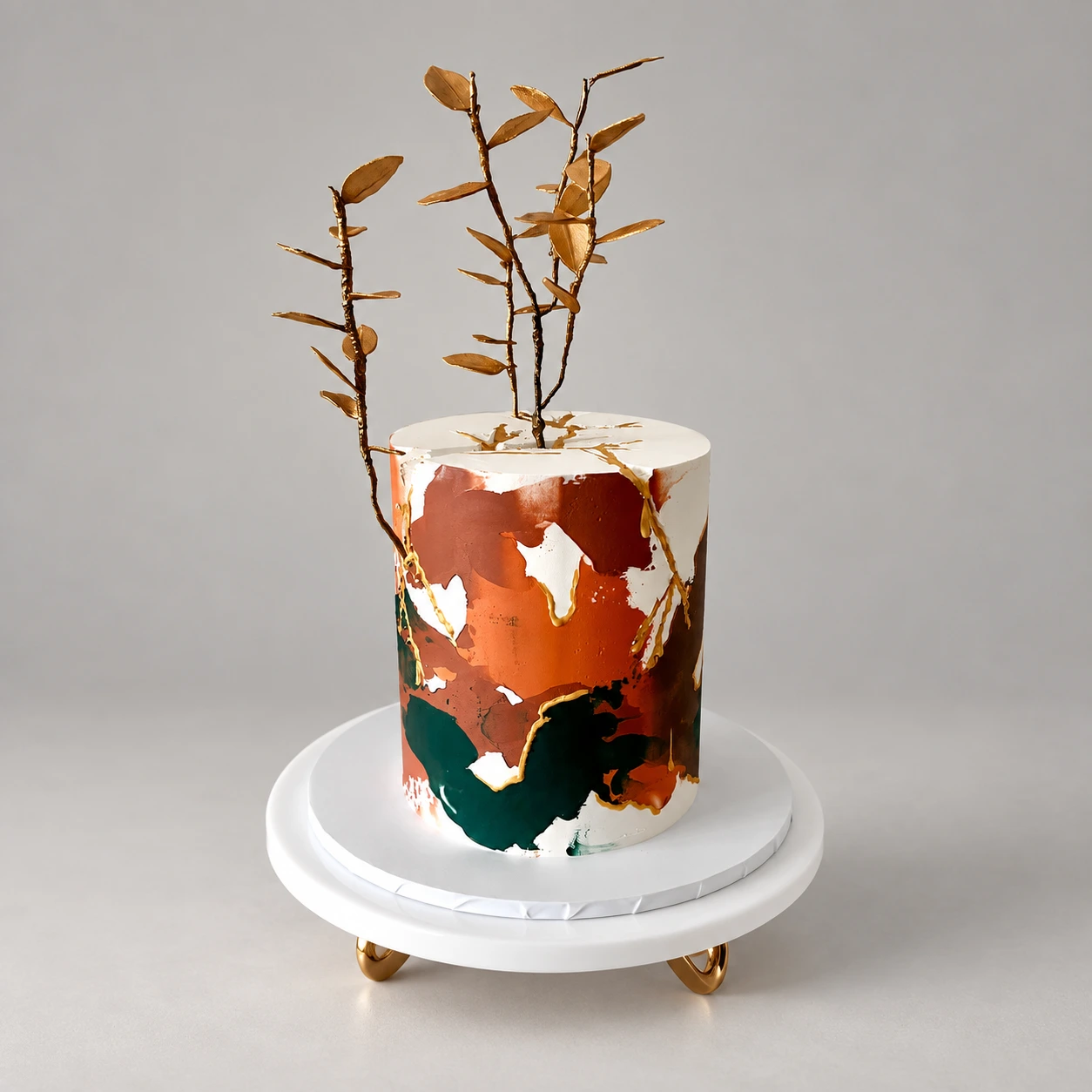 Single-tier ivory cake with copper and green abstract textures and gold branches