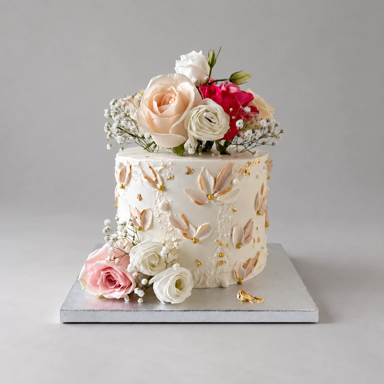 Single-tier ivory cake with textured petals, gold accents and cream and pink fresh roses