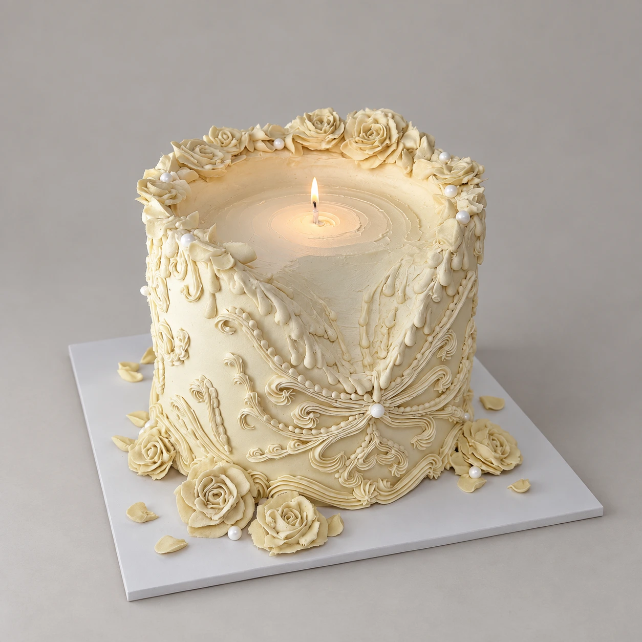 Single-tier ivory candle-style cake with ornate piping, roses and a lit wick