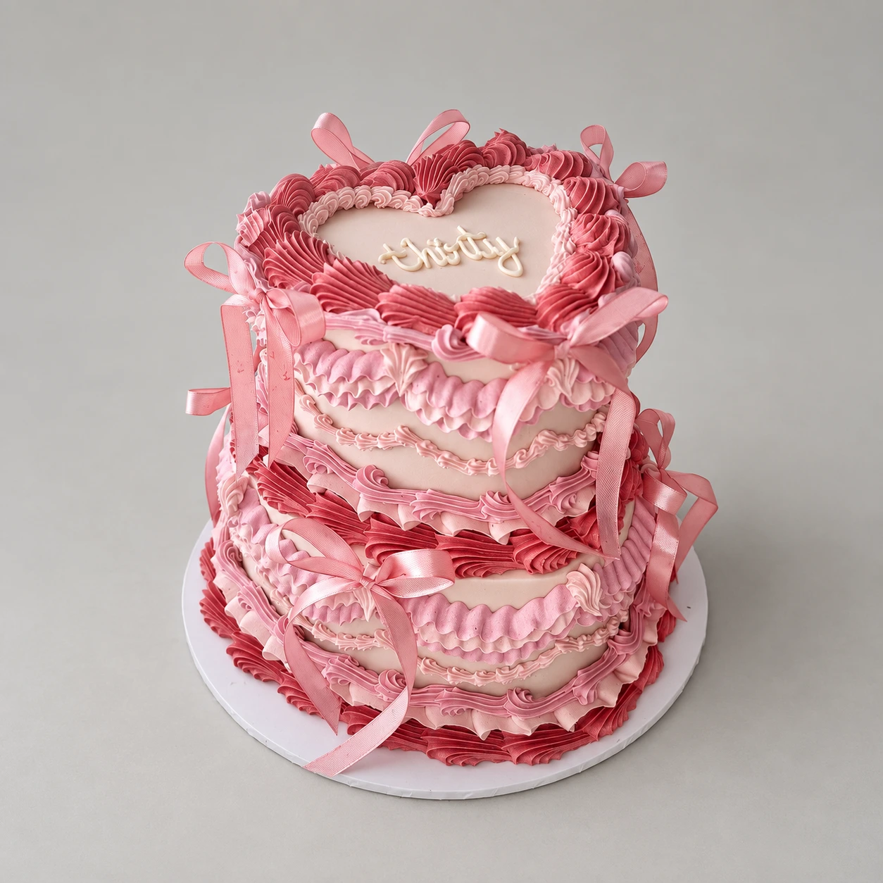 Two-tier pink heart cake with ornate piping, ribbon bows and Thirty lettering