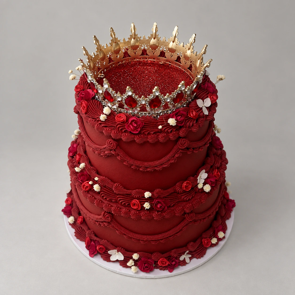Two-tier burgundy cake with ornate piping, tiny flowers and a gold crown with red jewels