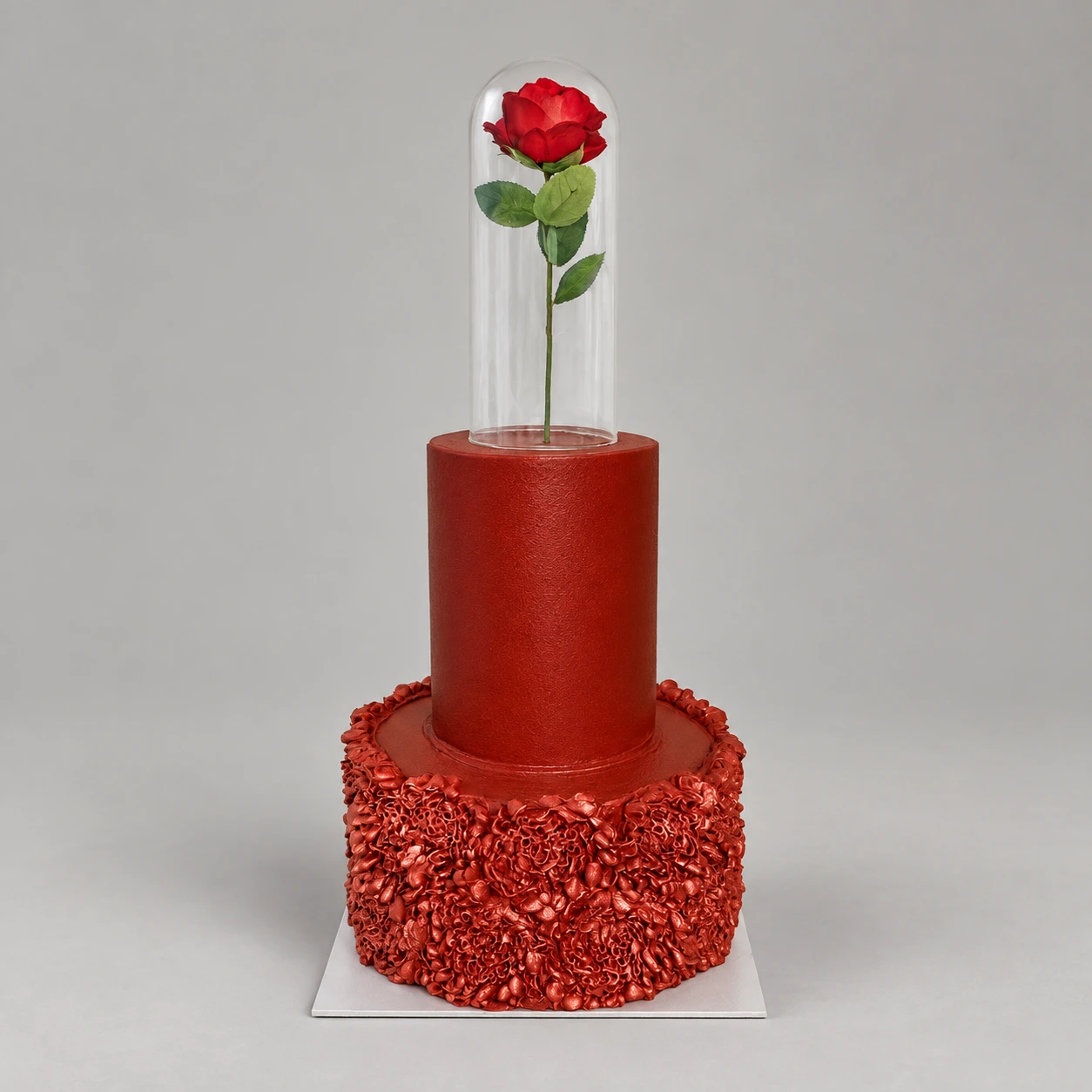 Two-tier red cake with floral relief and a glass dome rose topper